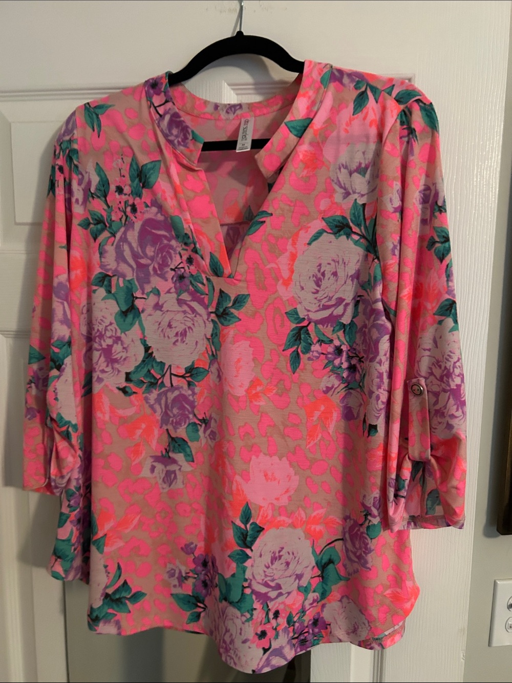 Floral Pink V-Neck Blouse with 3/4 Sleeves